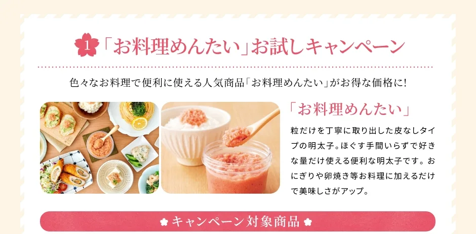 【特典1】お料理めんたいをお試し価格で販売中！