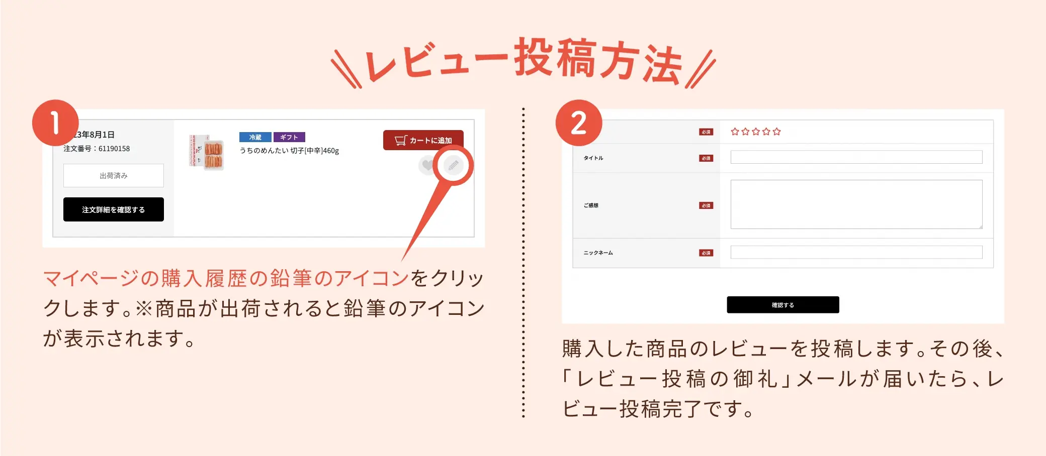レビュー投稿方法：(1)マイページの購入履歴の鉛筆のアイコンをクリックします。※商品が出荷されると鉛筆のアイコンが表示されます。(2)購入した商品のレビューを投稿します。その後、「レビュー投稿の御礼」メールが届いたら、レビュー投稿完了です。