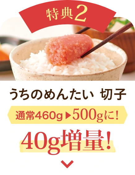 特典2：うちのめんたい 切子 通常460gが500gに！40g増量！