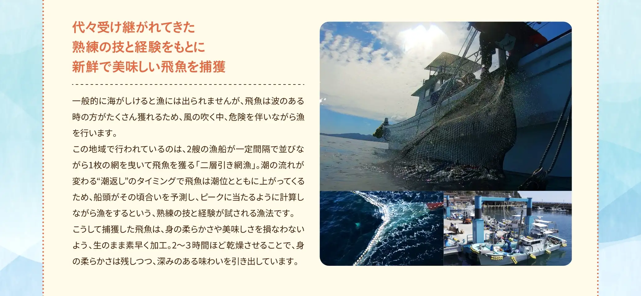 この地域で行われているのは、2艘の漁船が一定間隔で並びながら1枚の網を曳いて飛魚を獲る「二層引き網漁」。潮の流れが変わる“満返し”のタイミングで飛魚は潮位とともに上がってくるため、船頭がその頃合いを予測し、ピークに当たるように計算しながら漁をするという、熟練の技と経験が試される漁法です。こうして捕獲した飛魚は、身の柔らかさや美味しさを損なわないよう、生のまま素早く加工。2〜3時間ほど乾燥させることで、身の柔らかさは残しつつ、深みのある味わいを引き出しています。