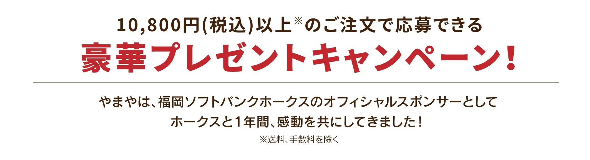 10,800円(税込)以上のご注文で応募できる豪華プレゼントキャンペーン！やまやでは、福岡ソフトバンクホークスのオフィシャルスポンサーとしてホークスと1年間、感動を共にしてきました！