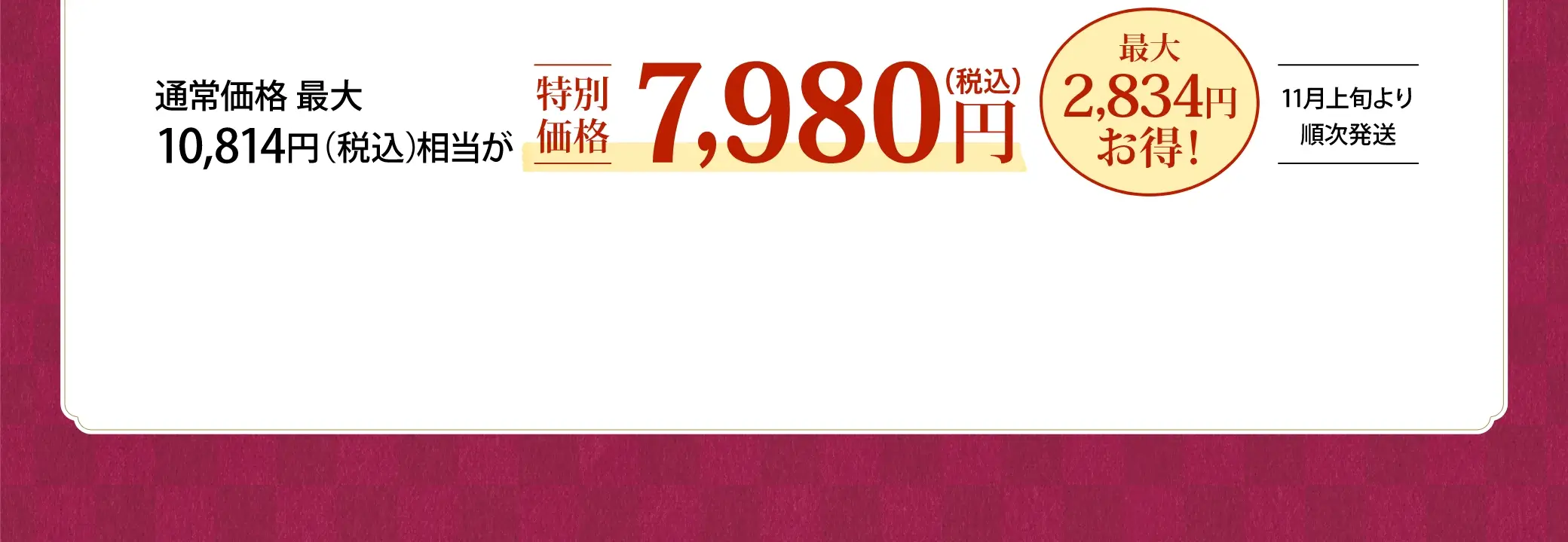 通常価格 最大10,814円(税込)相当が、特別価格 7,980円(税込)／最大2,834円お得！ ※11月上旬より順次発送