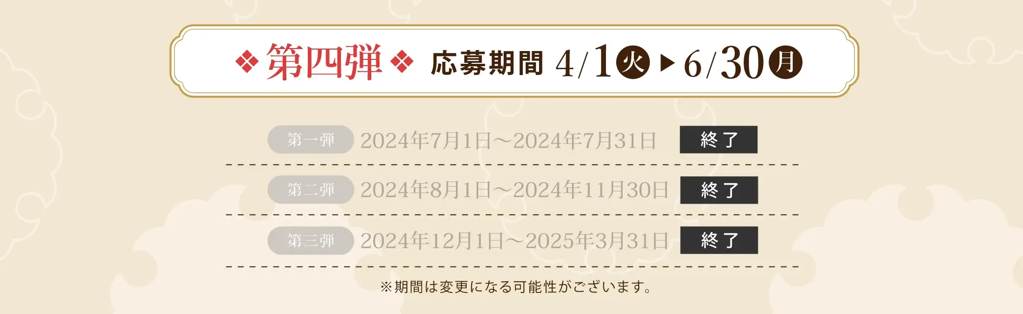 イベントスケジュール：第一弾 2024/7/1(月)~2024/7/31(水)、第二弾 2024/8/1(木)~2024/11/30(土)、第三弾 2024/12/1(日)~2025/3/31(月)、第四弾 2025/4/1(火)~2025/6/30(月) ※期間は変更になる可能性がございます。