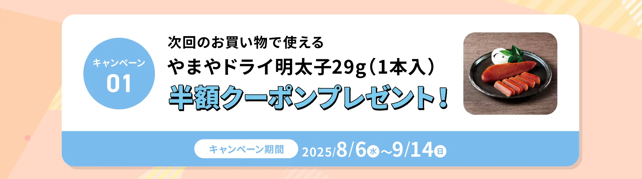 次回のお買い物で使えるやまやドライ明太子29g(1本入)半額クーポンプレゼント！8/8(水)~9/14(日)