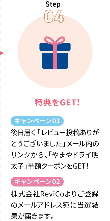 (4)特典をGET！：【キャンペーン01】後日届く「レビュー投稿ありがとうございました」メール内のリンクから、「やまやドライ明太子」半額クーポンをGET！【キャンペーン02】株式会社ReviCoよりご登録のメールアドレス宛に当選結果が届きます。