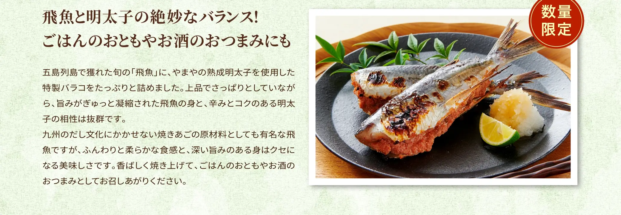 五島列島で獲れた旬の「飛魚」に、やまやの熟成明太子を使用した特製バラコをたっぷりと詰めました。上品でさっぱりとしていながら、旨みがぎゅっと凝縮された飛魚の身と、辛みとコクのある明太子の相性は抜群です。九州のだし文化にかかせない焼きあごの原材料としても有名な飛魚ですが、ふんわりと柔らかな食感と、深い旨みのある身はクセになる美味しさです。香ばしく焼き上げて、ごはんのおともやお酒のおつみとしてお召しあがりください。