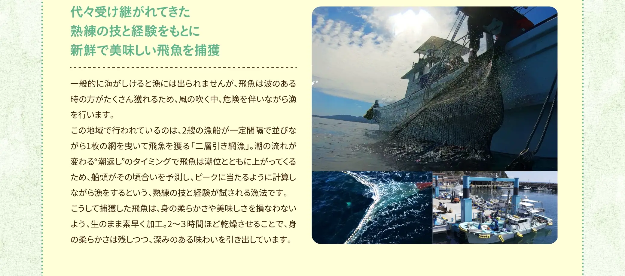 この地域で行われているのは、2艘の漁船が一定間隔で並びながら1枚の網を曳いて飛魚を獲る「二層引き網漁」。潮の流れが変わる“満返し”のタイミングで飛魚は潮位とともに上がってくるため、船頭がその頃合いを予測し、ピークに当たるように計算しながら漁をするという、熟練の技と経験が試される漁法です。こうして捕獲した飛魚は、身の柔らかさや美味しさを損なわないよう、生のまま素早く加工。2〜3時間ほど乾燥させることで、身の柔らかさは残しつつ、深みのある味わいを引き出しています。