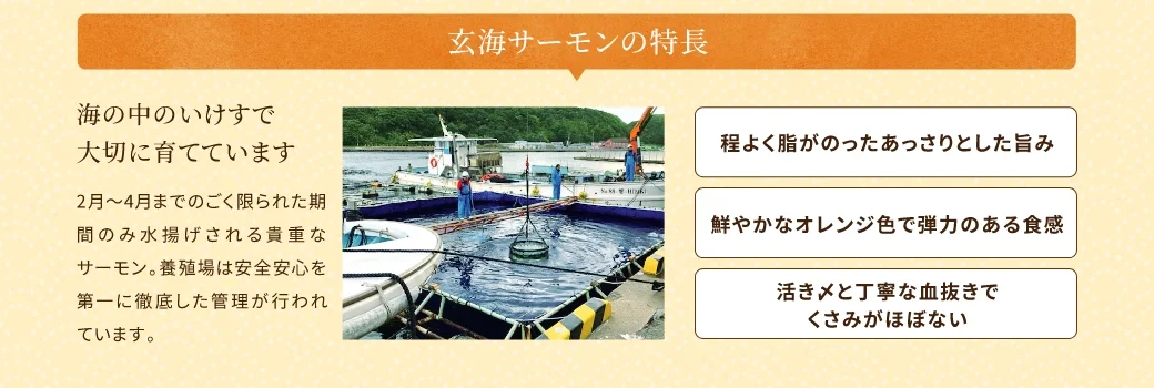 玄海サーモンの特徴：海の中のいけすで大切に育てています！／2~4月までのごく限られた期間のみ水揚げされる貴重なサーモン。養殖場は安全安心を第一に徹底した管理が行われています。