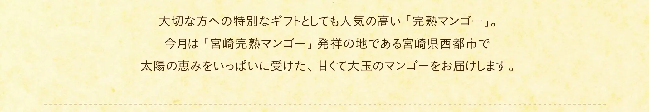 【今回の直送品】宮崎県西都市産 完熟マンゴー：大切な方への特別なギフトとしても人気の高い「完熟マンゴー」。今月は「宮崎完熟マンゴー」発祥の地である宮崎県西都市で太陽の恵みをいっぱいに受けた、甘くて大玉のマンゴーをお届けします。