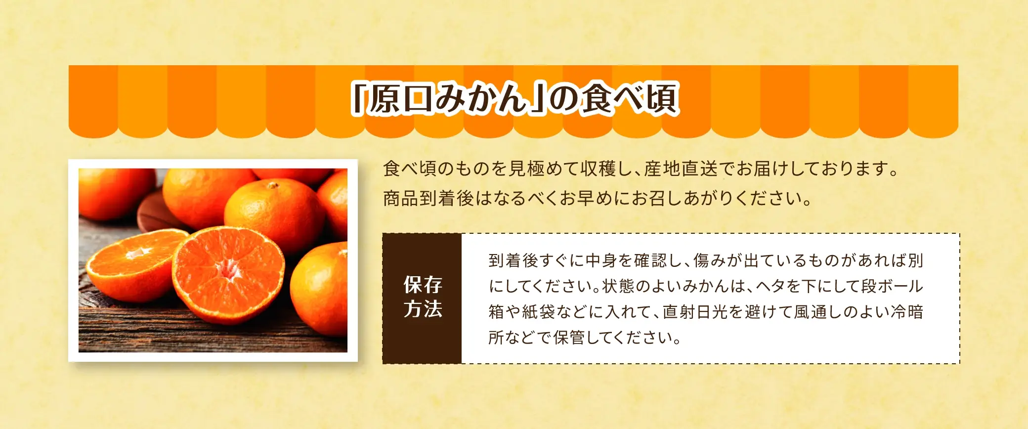 【原口みかんの食べ頃】食べ頃のものを見極めて収穫し、産地直送でお届けしております。商品到着後はなるべくお早めにお召しあがりください。【保存方法】到着後すぐに中身を確認し、傷みが出ているものがあれば別にしてください。状態のよいみかんは、ヘタを下にして段ボール箱や紙袋などに入れて、直射日光を避けて風通しのよい冷暗所などで保管してください。