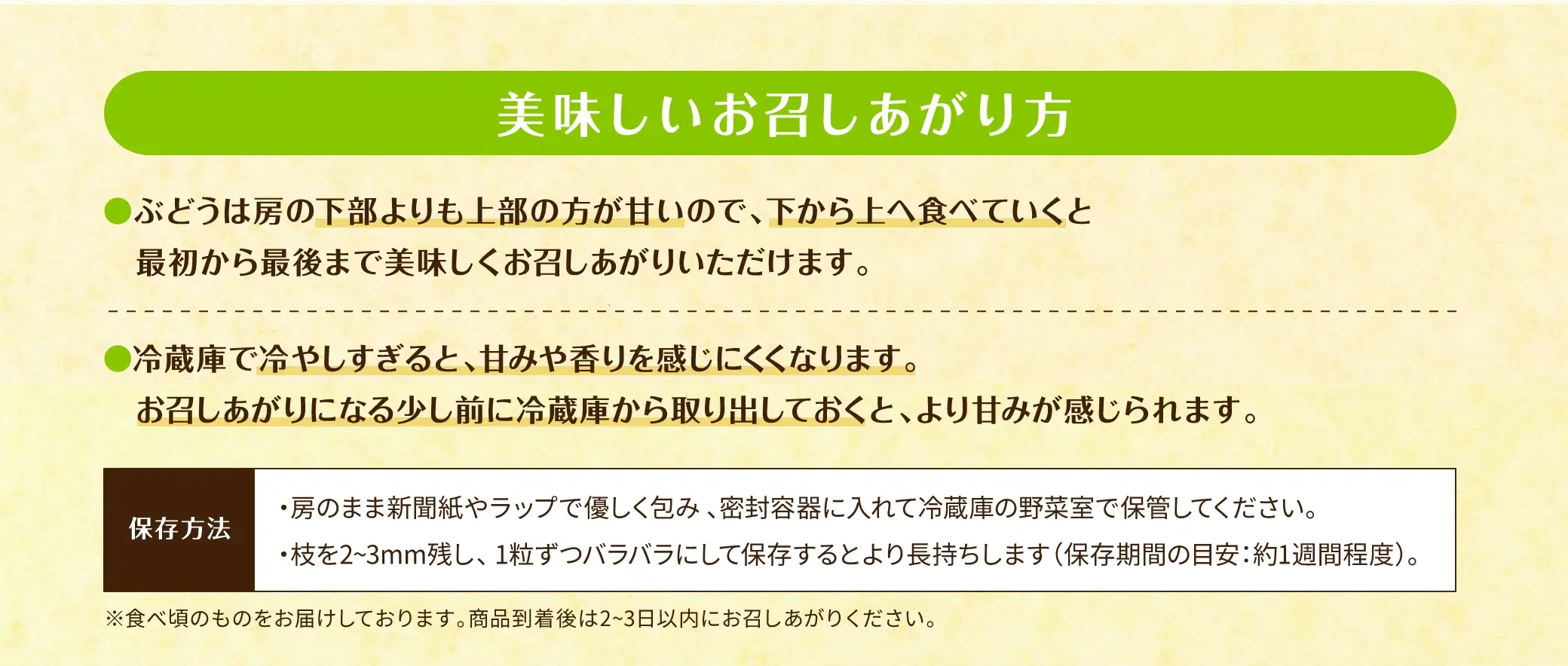 美味しいお召しあがり方①ぶどうは房の下部よりも上部の方が甘いので、下から上へ食べていくと最初から最後まで美味しくお召しあがりいただけます。②冷蔵庫で冷やしすぎると、甘みや香りを感じにくくなります。お召しあがりになる少し前に冷蔵庫から取り出しておくと、より甘みが感じられます。【保存方法】房のまま新聞紙やラップで優しく包み、密封容器に入れて冷蔵庫の野菜室で保管してください。枝を2〜3mm残し、1粒ずつバラバラにして保存するとより長持ちします（保存期間の目安：約1週間程度）。※食べ頃のものをお届けしております。商品到着後は2〜3日以内にお召しあがりください。