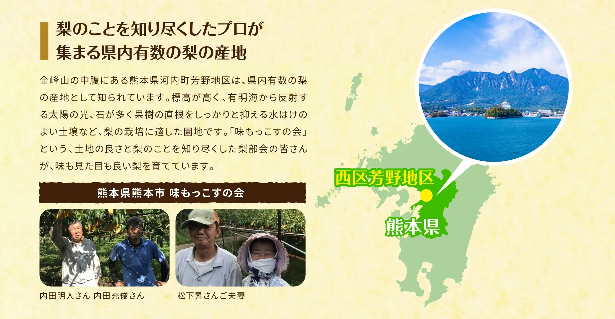 梨のことを知り尽くしたプロが集まる県内有数の梨の産地：金峰山の中腹にある熊本県河内町芳野地区は、県内有数の梨の産地として知られています。標高が高く、有明海から反射する太陽の光、石が多く果樹の直根をしっかりと抑える水はけのよい土壌など、梨の栽培に適した風土です。「味もっこすの会」という、土地の良さと梨のことを知り尽くした梨部会の皆さんが、味も見た目も良い梨を育てています。【熊本県熊本市 味もっこすの会】内田明人さん、内田充俊さん、松下昇さんご夫妻