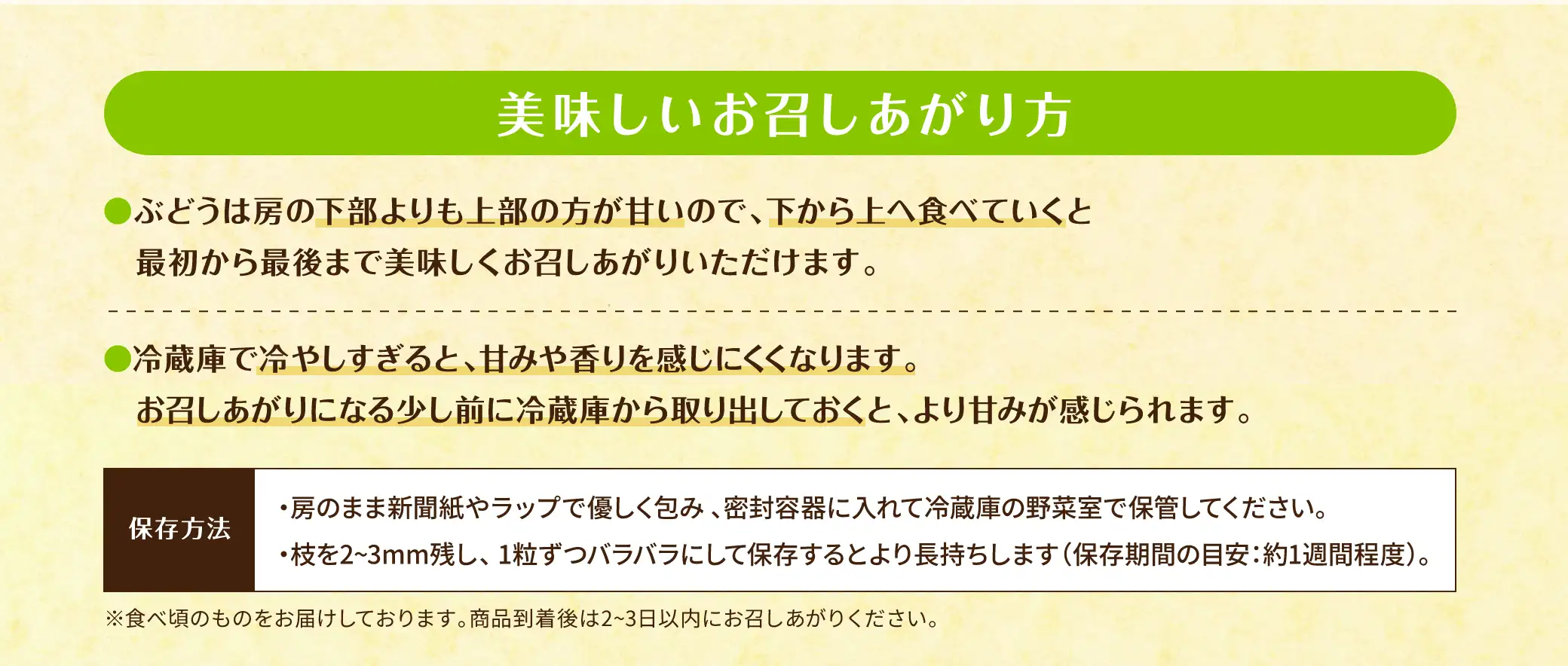 美味しいお召しあがり方①ぶどうは房の下部よりも上部の方が甘いので、下から上へ食べていくと最初から最後まで美味しくお召しあがりいただけます。②冷蔵庫で冷やしすぎると、甘みや香りを感じにくくなります。お召しあがりになる少し前に冷蔵庫から取り出しておくと、より甘みが感じられます。【保存方法】房のまま新聞紙やラップで優しく包み、密封容器に入れて冷蔵庫の野菜室で保管してください。枝を2〜3mm残し、1粒ずつバラバラにして保存するとより長持ちします（保存期間の目安：約1週間程度）。※食べ頃のものをお届けしております。商品到着後は2〜3日以内にお召しあがりください。
