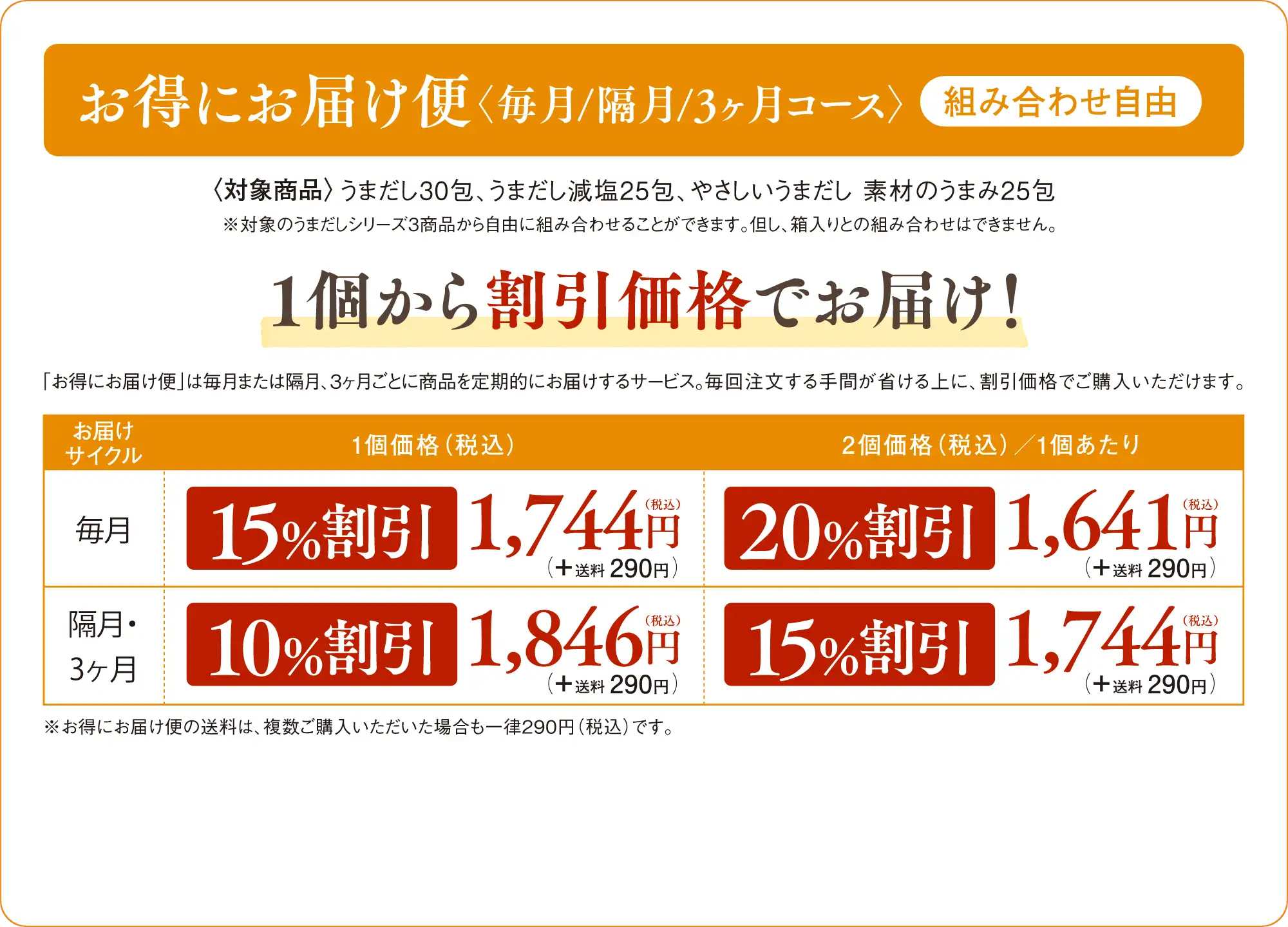 お得にお届け便＜毎月/隔月/3ヶ月コース＞組み合わせ自由！1個から割引価格でお届け！