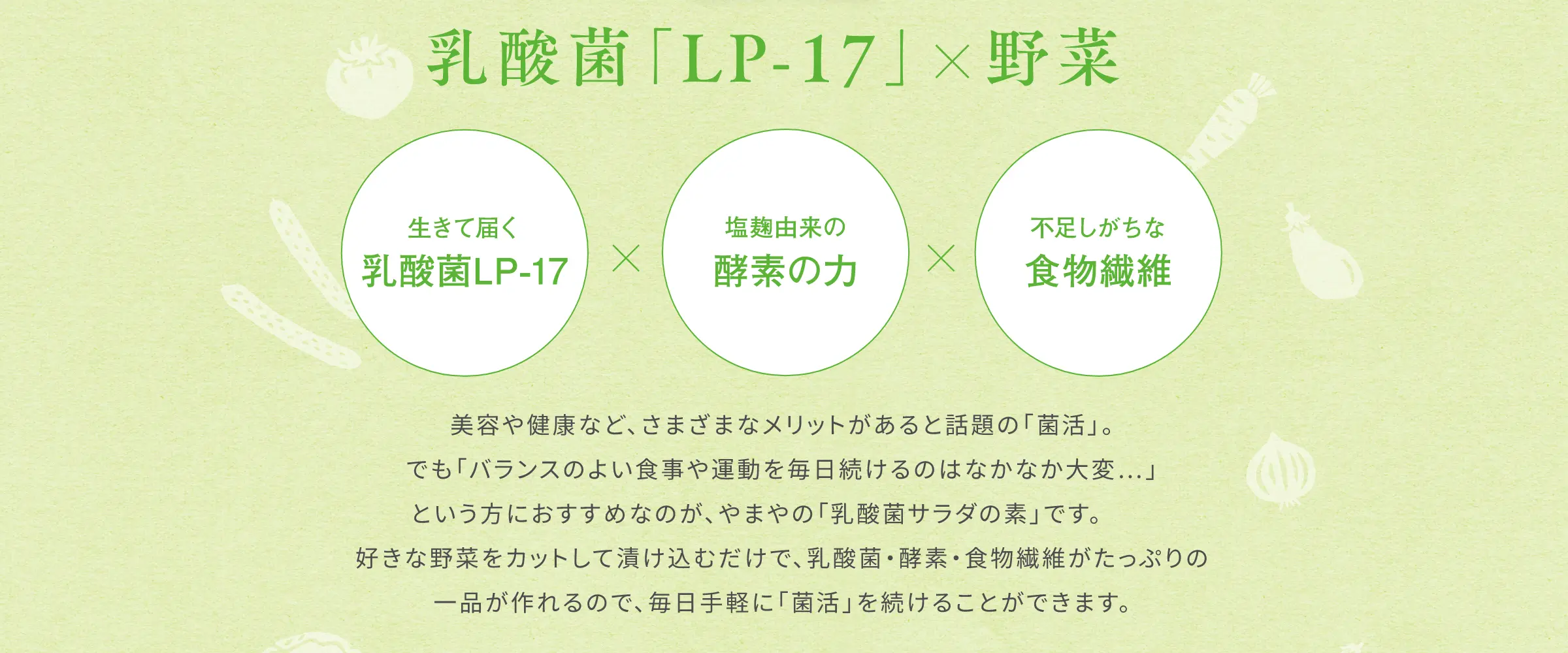 美容な健康など、さまざまなメリットが有ると話題の「菌活」。でも「バランスが良い食事や運動を毎日続けるのはなかなか大変...」という方におすすめなのが、やまやの「乳酸菌サラダの素」です。好きな野菜をカットして漬け込むだけで、乳酸菌・酵素・食物繊維がたっぷりの一品が作れるので、毎日手軽に「菌活」を続けることができます。