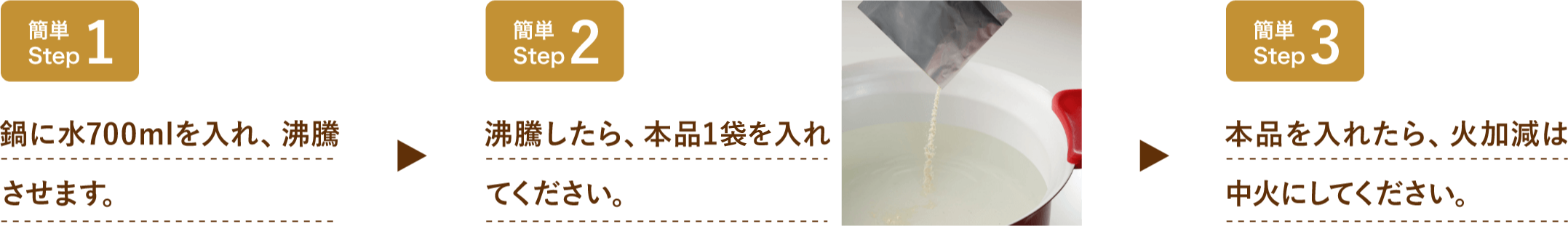 鍋に水700mlを入れ、沸騰させます。沸騰したら、本品1袋を入れてください。本品を入れたら、火加減は中火にしてください