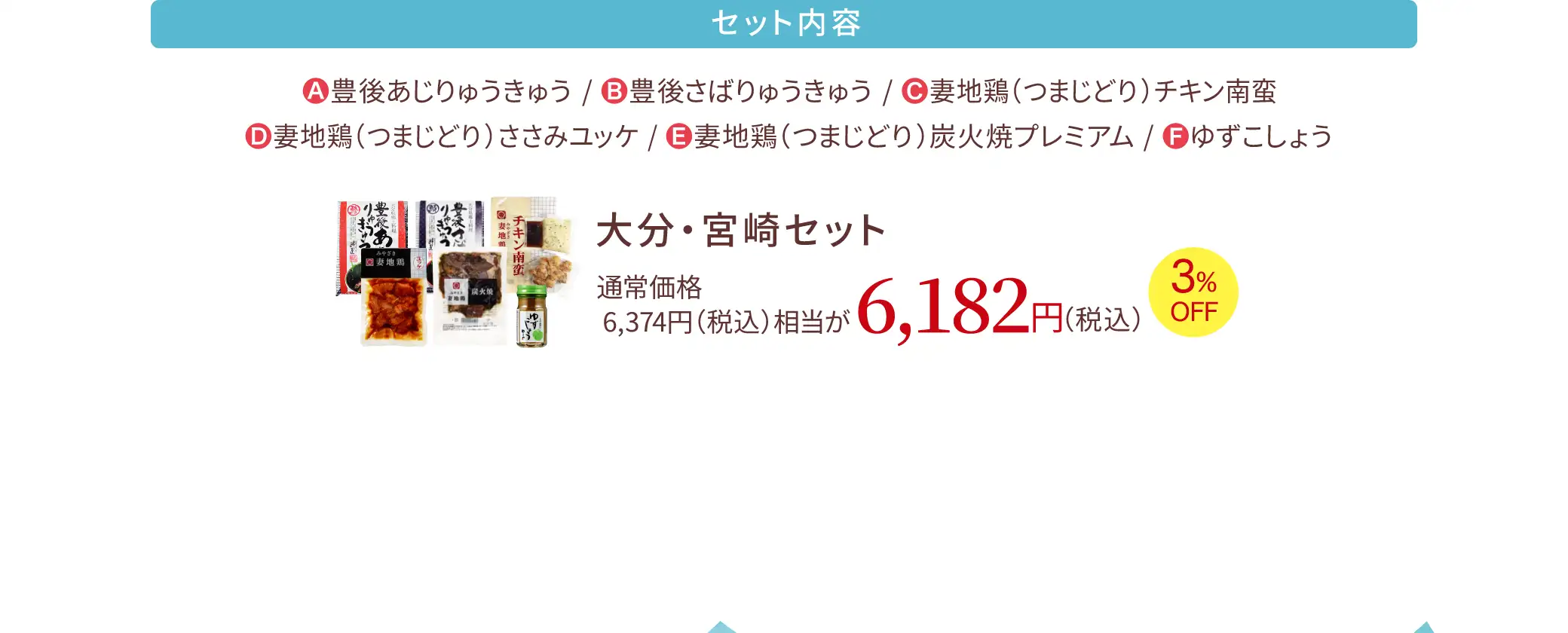 大分・宮崎セット／セット内容：(A)豊後あじりゅうきゅう(B)豊後さばりゅうきゅう(C)妻地鶏(つまじどり)チキン南蛮(D)妻地鶏(つまじどり)ささみユッケ(E)妻地鶏(つまじどり)炭火焼プレミアム(F)ゆずこしょう／通常価格 6,374円(税込)相当が6,182円(税込)【3％OFF】